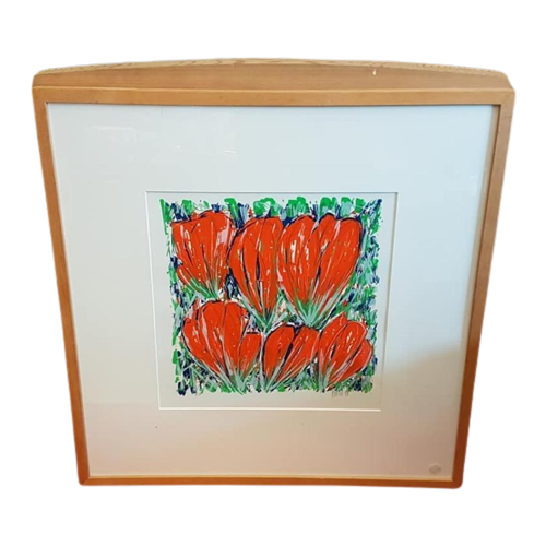 Zeefdruk Oranje Tulpen, Handgesigneerd Door Ad Van Hassel.