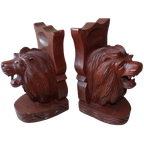 Paar Handgesculpteerde "Leeuwen" Boekensteunen. thumbnail 1