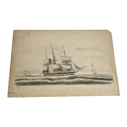 Potloodtekening - Potlood - Houtskool - 3-master - Zeegezicht 1850 1