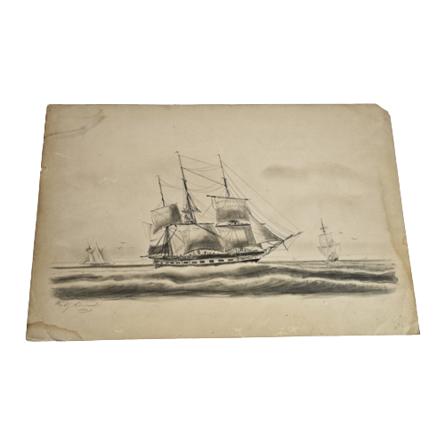 Potloodtekening - Potlood - Houtskool - 3-Master - Zeegezicht 1850