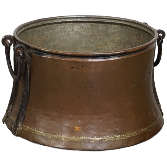 Uniek Grote En Zeer Charmante Antieke Koperen Ketel/ Haardhout Bak Met Een Prachtig Patina 1
