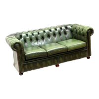 Groene Vintage Lederen 3-Persoons Chesterfield Bank