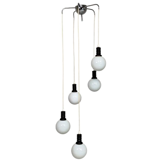 Cascade Hanglamp Met 5 Witte Glazen Bollen, Jaren 70 1