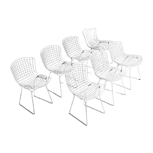 Vintage Mid-Century Set Van 7 Witte Harry Bertoia Eetkamerstoelen