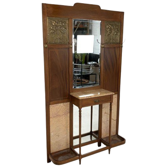 Staande Art Deco Wandkapstok Met Spiegels En Marmer Platen, Jaren 30 1