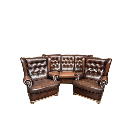 Chesterfield English Furniture Set - Sofa + 2 Armchairs. Genuine Leather. 1