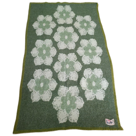Vintage Aabe Zuiver Scheerwollen Deken Groen Met Bloemmotief 1