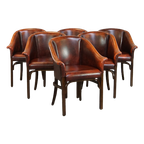 Set Van 6 Engelse Rundleren Eetkamerstoelen/ Tubchairs In Een Luxe Rode Chesterfield Kleur thumbnail 1