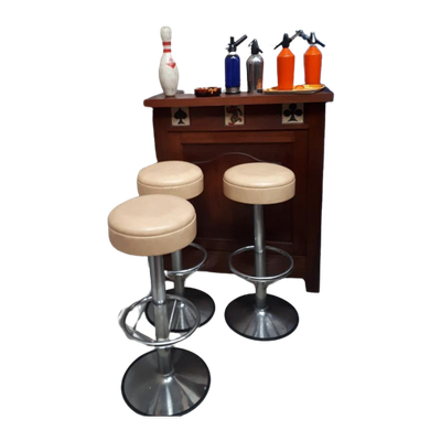 Vintage Bar Met 3 Barkrukken Jaren 70 Set Met Spuitflessen