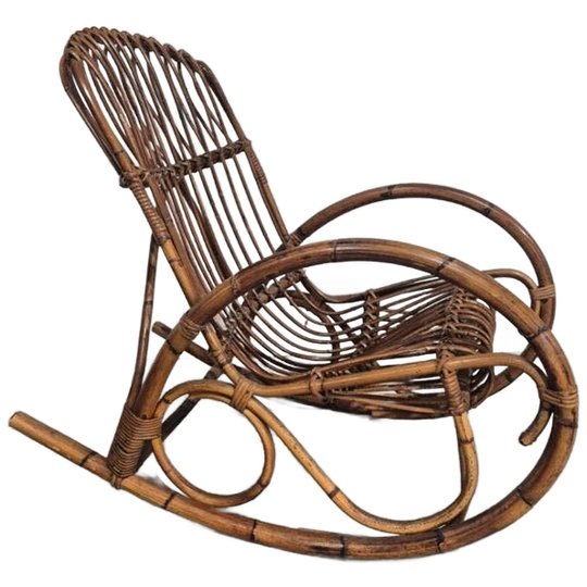 Vintaga Bamboe Rotan Schommelstoel. 1