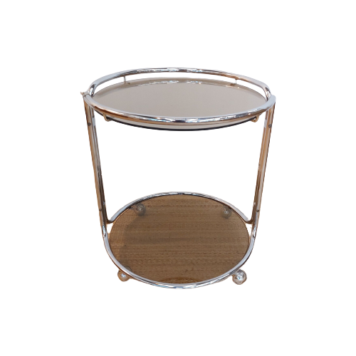 Vintage Bar Cart Rond Chroom / Rookglas 70S