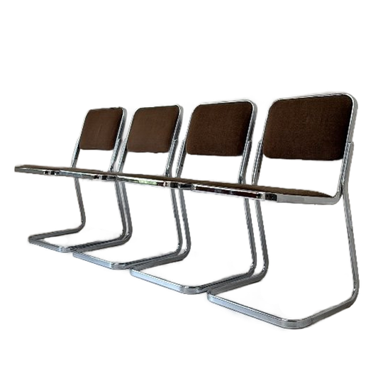 Vier Vintage Buisframe Stoelen Met Bruine Velour Stof 1