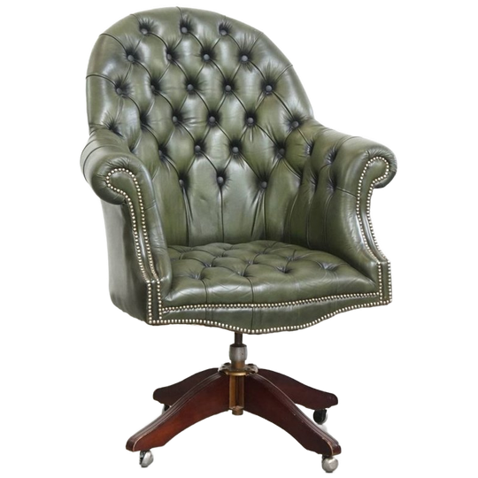 Grote Groene Rundleren Chesterfield Bureaustoel Op Wieltjes Met Een Hoge Rug 1