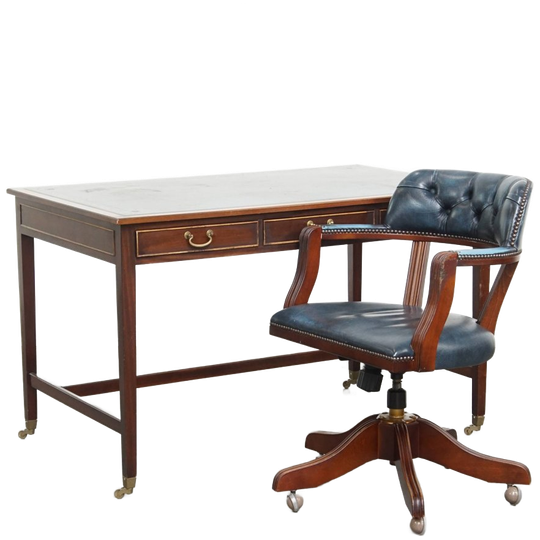 Geweldige Set Bestaande Uit Een Schrijftafel En Een Blauwe Rundleren Chesterfield Bureaustoel In 1