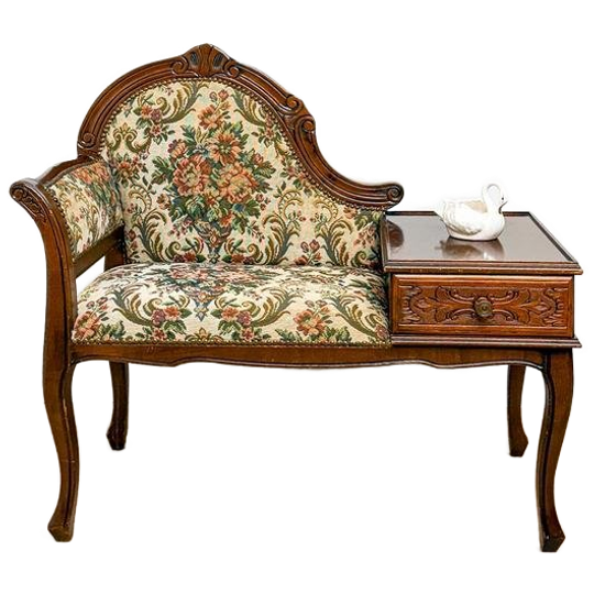 Antiek Vintage Oud Telefoonbankje, Gossip Bench, Bloemen, 1