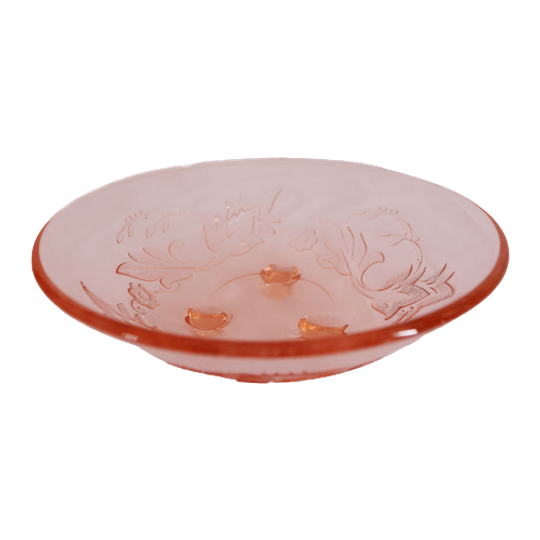 Vintage Klein Roze Persglas Schaal Met Bloemen Takjes, Jaren '50 1