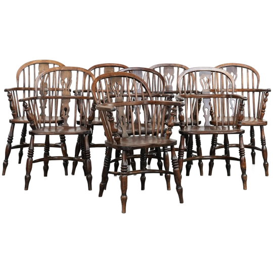 Antieke Set Van 8 Zeer Mooie Engelse Windsor Stoelen/ Armchairs Met Een Prachtige Kleurstelling 1
