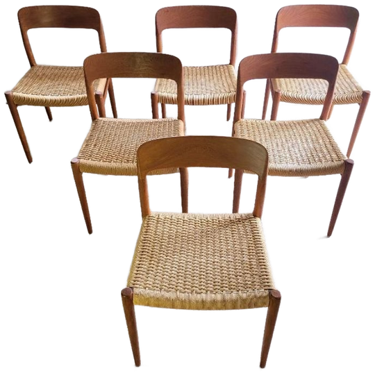 Set Van Zes Model 75 Stoelen In Teak Van N.o. Moller 1