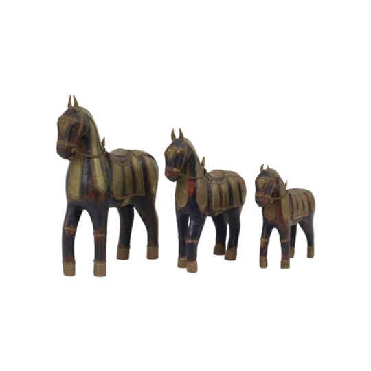 Vintage Houten Marwari Paarden Koper Messing Beelden 1