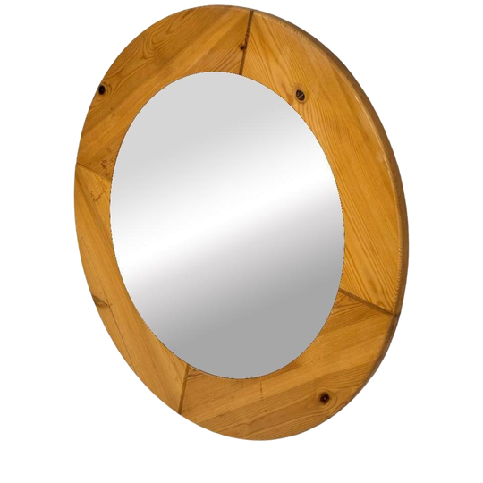 Vintage Jaren 70 Ronde Grenen Spiegel Zweeds Design 1