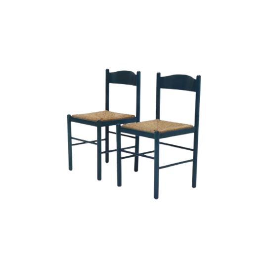 Set Of 2 Vico Magistretti Style Stained Wood And Rush Dining Chairs 1960s 1