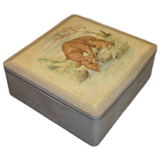 Vierkant Van Melle Blik Met Moederbeer En Beertjes – Vintage Bewaarblik 1