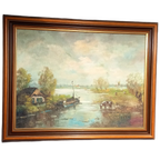 Antiek Xl Olieverf Schilderij Op Linnen thumbnail 1