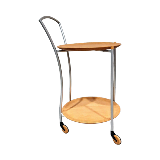 Wooden Serving Double Tray Table With Wooden Wheels 1