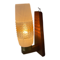 Vintage 50’S Mcm Wall Mounted Lamp - Wooden Frame And Brass Detailing - Pressed Glass Shade