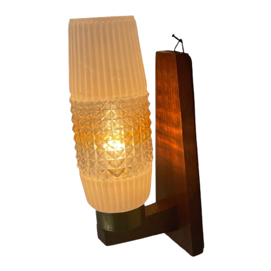 Vintage 50’s Mcm Wall Mounted Lamp - Wooden Frame And Brass Detailing - Pressed Glass Shade 1