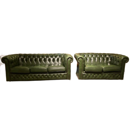 Compacte Engelse Chesterfield Zithoek 3+2 Zits Antiek Groen 1