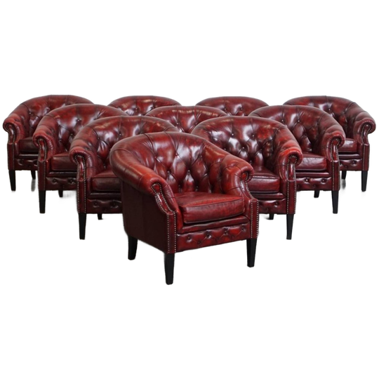 Unieke Set Van 10 Mooie Engelse Rundleren Chesterfield Clubfauteuils In Een Gevlamde Rode Kleur 1