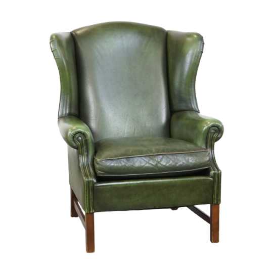 In Goede Staat Verkerende, Klassiek Groene En Gladde Rundleren Engelse Chesterfield Oorfauteuil 1