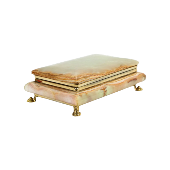 Vintage Italiaanse Juwelenkist Onyx Marmer Leeuwenpootjes Rood Fluweel 1