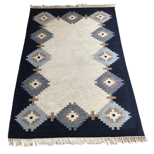 Handgeweven Scandinavisch Wollen Rollakan Vloerkleed Blauwtinten, Gevlochten Franjes 1