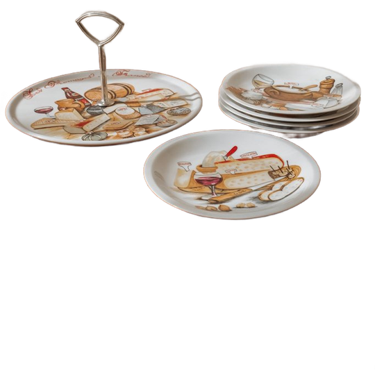 Set Van 5 Porseleinen Franse Kaasbordjes + Grote Serveerschaal 1