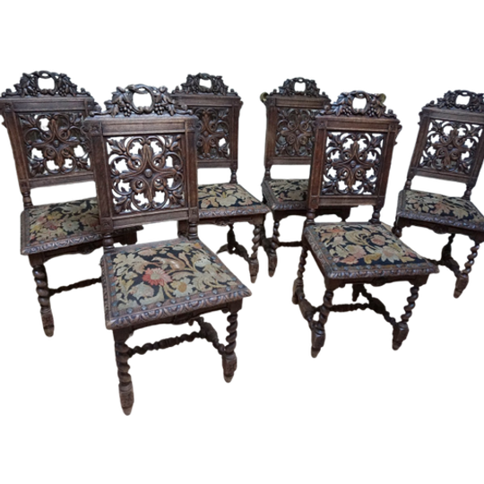 Set Van 6 Antieke Neo Renaissance Stoelen Met Druivenranken, 19de Eeuw 1
