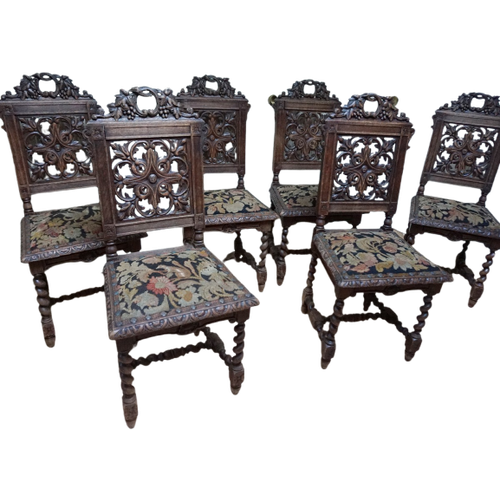 Set Van 6 Antieke Neo Renaissance Stoelen Met Druivenranken, 19De Eeuw