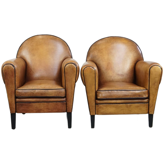 Prachtige, Tijdloze Schapenleren Set Van 2 Design Fauteuils/Armchairs In Art Deco Stijl 1