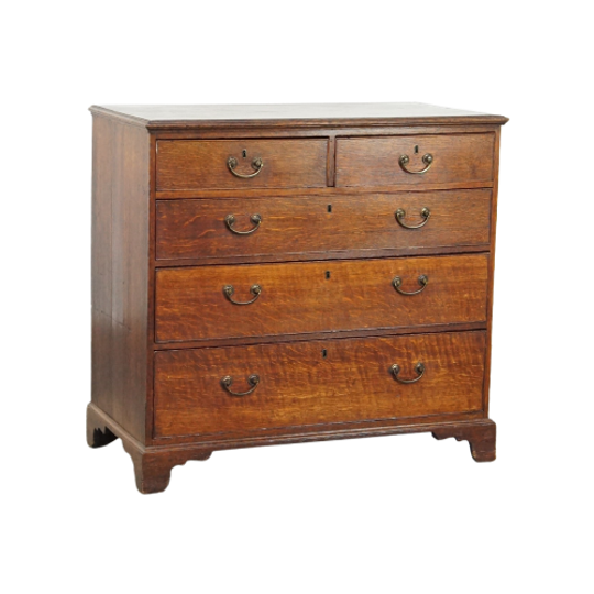 Statige, Praktische Engelse Antieke 19E Eeuwse Eikenhouten Ladekast/ Commode Met 5 Lades 1