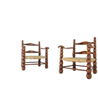 Set Of Oak And Rush Bobbin Armchairs Attributed To Charles Dudouyt, 1940S