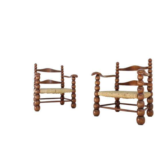 Set Of Oak And Rush Bobbin Armchairs Attributed To Charles Dudouyt, 1940S 1