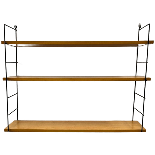 Vintage Wandrek Zwart Draadstaal, Licht Hout 3 Planken 1