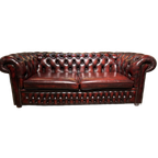 Engelse Chesterfield 3 Zits Bank Antiek Rood Leer thumbnail 1