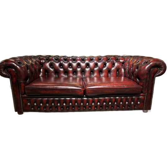 Engelse Chesterfield 3 Zits Bank Antiek Rood Leer 1