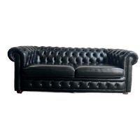 Stoere Zwarte Lederen Chesterfield Zetel / Canapé / Sofa
