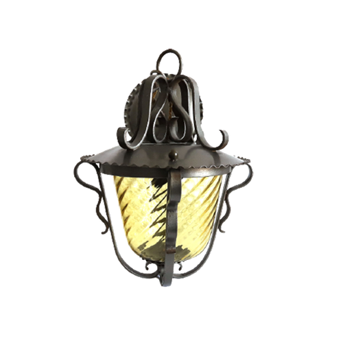 Vintage Smeedijzeren Lantaarn Lamp Met Prachtig Amber Glas, Jaren '50/'60