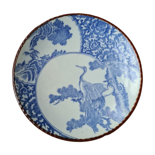 Mooi Japans Sierbord (Arita) Met Kraanvogels - Blauw Met Wit