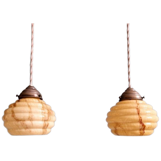 Paar Art Deco Hangers In Gemarmerd Opaline, 1920-30 1