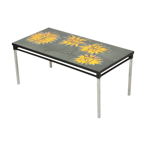 Vintage Keramische Tegeltafel Adri Design Geel Abstract Bloem 92Cm